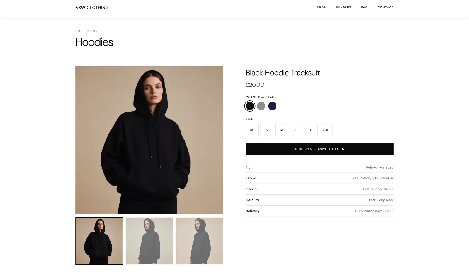 ASW Clothing website, screenshot 2