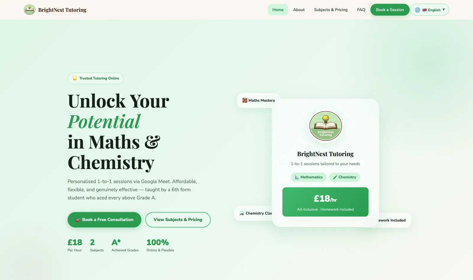 BrightNest Tutoring website, screenshot 1