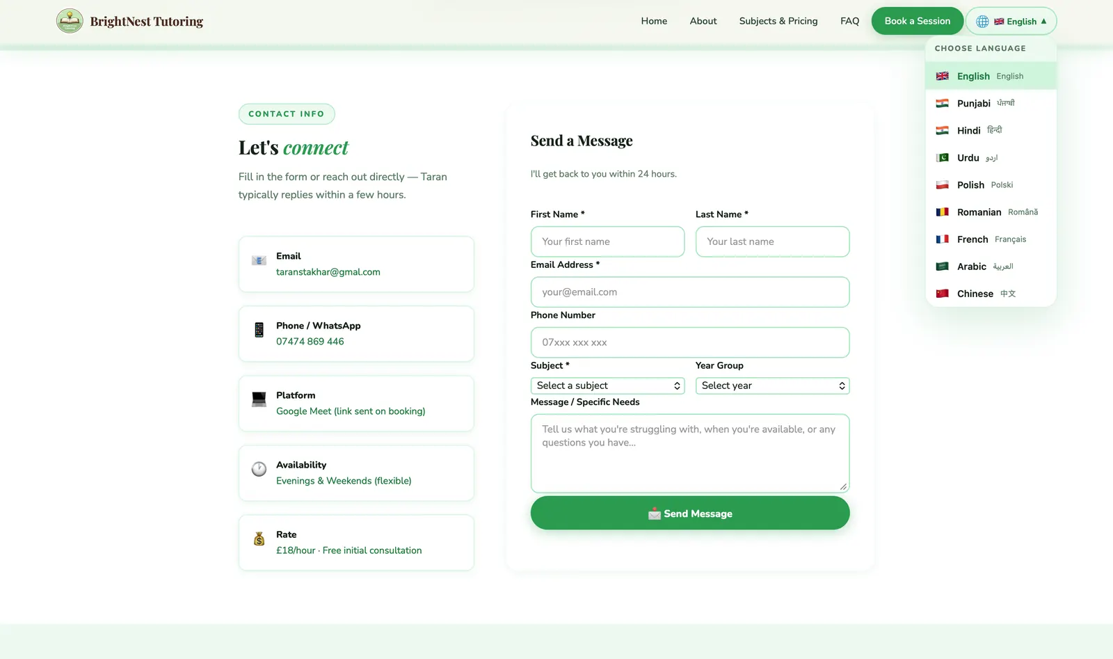 BrightNest Tutoring website, screenshot 3
